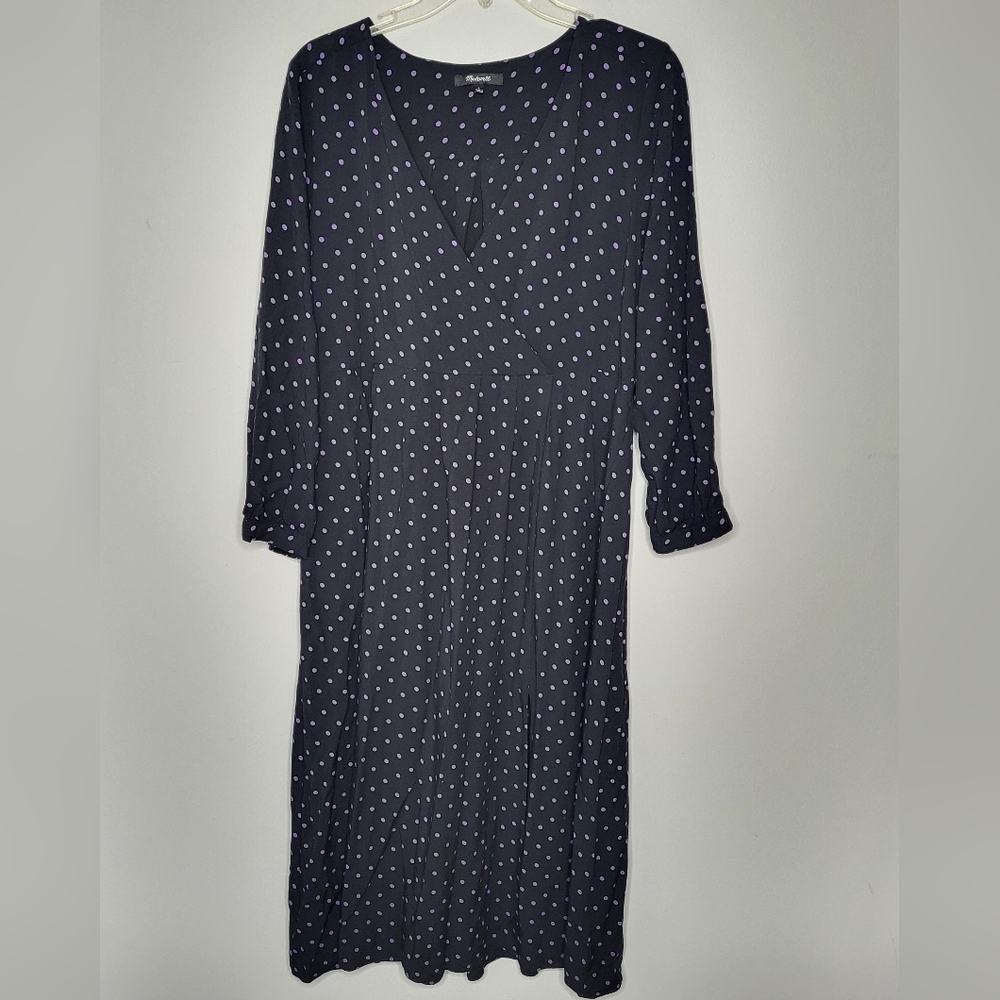 Madewell Faux-Wrap Polka Dot Midi Dress V-Neck Black Purple • Size L